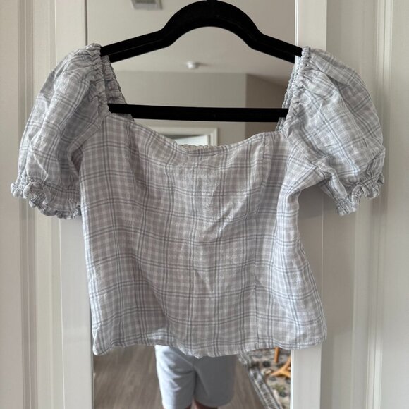 Abercrombie and Fitch Plaid Square Neck Puff Sleeve Crop Top White Grey Small - Picture 1 of 4